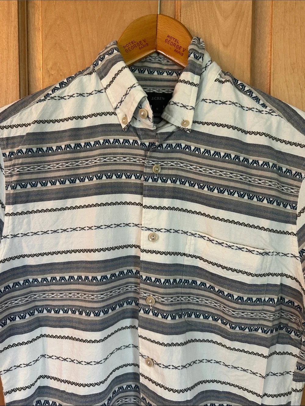 J Crew 100% Cotton Short Sleeved Button Down Short Striped Aztec Pattern Sz S